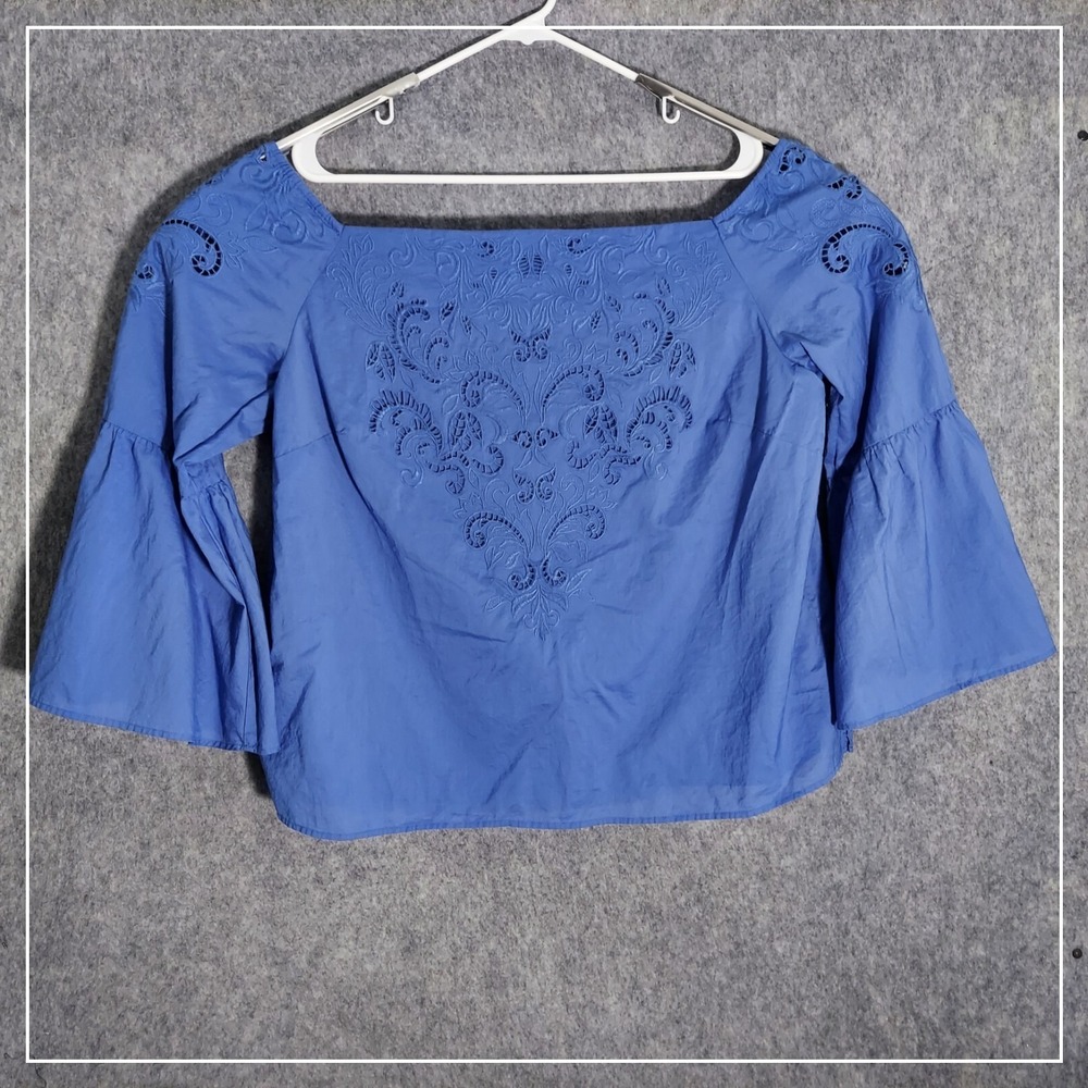 Chicos Blouse XL 3 Blue Eyelet Embroidered Off the Shoulder Bell Sleeve Boho